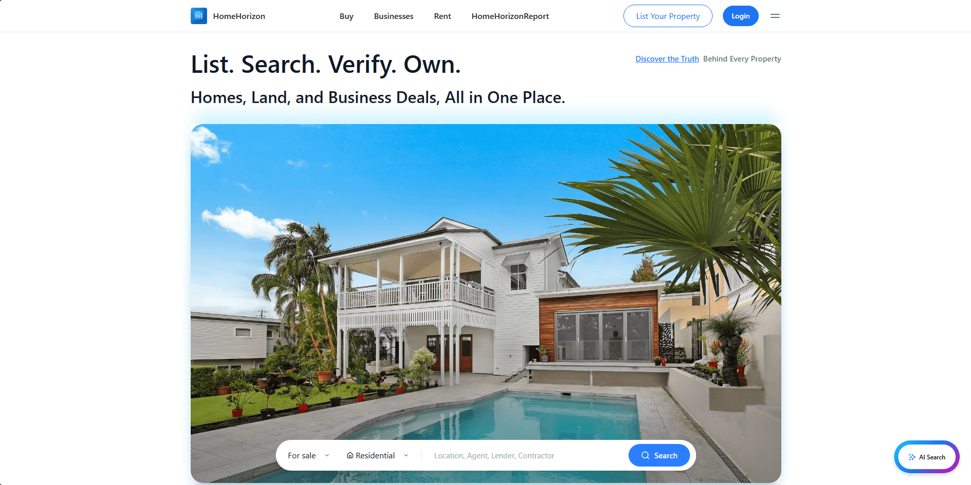 Home History landing page with property search hero and listing controls.
