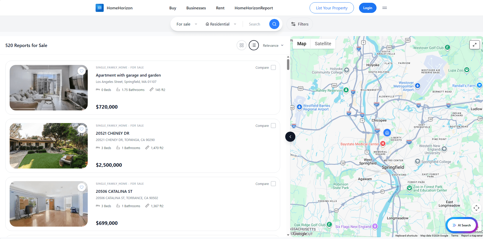 Home History real estate search interface with property list and interactive map.