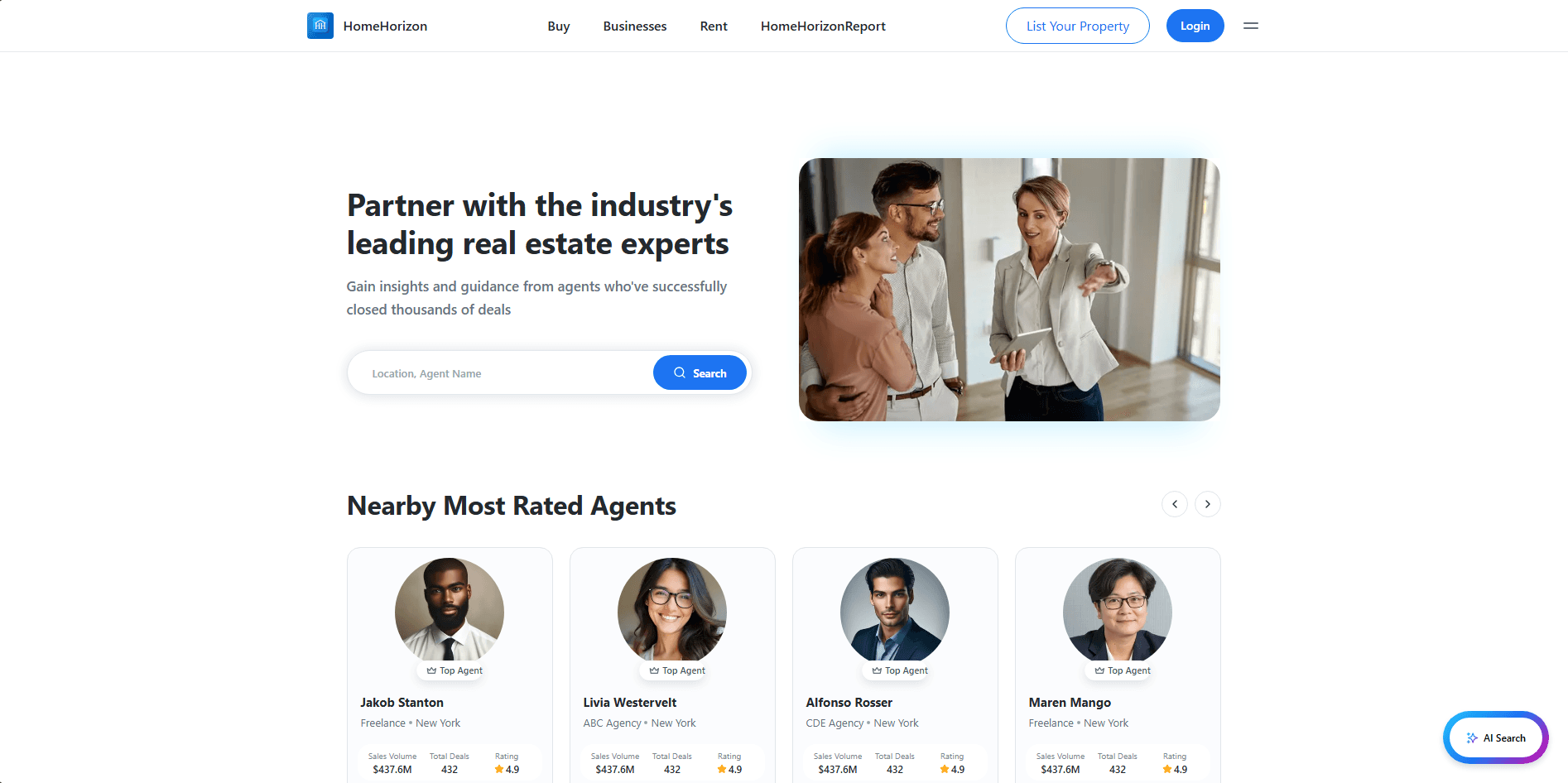 Home History agent discovery page with search and rated agent cards.