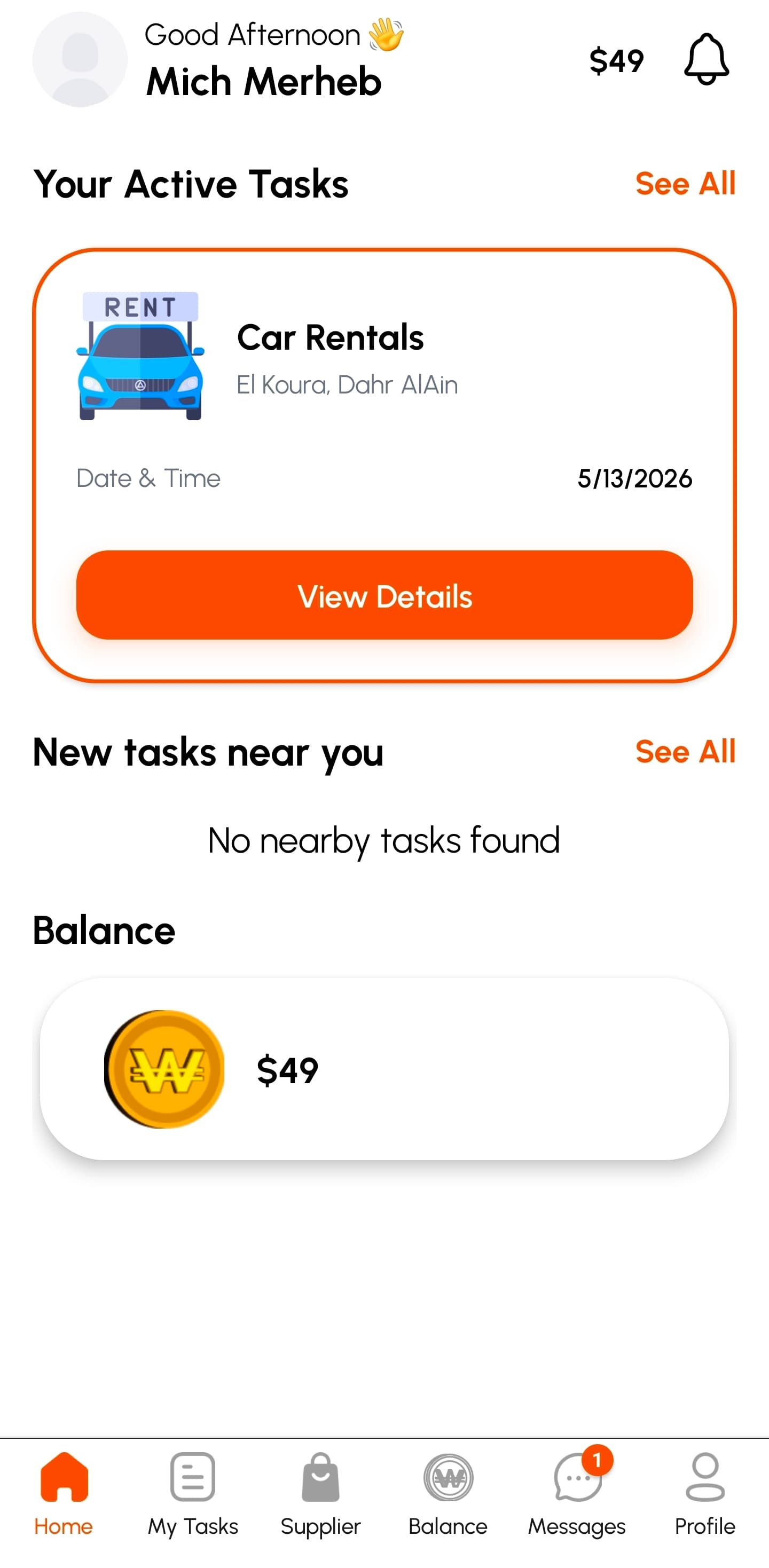 WAYZ Business mobile app dashboard with active tasks, balance, and messages.