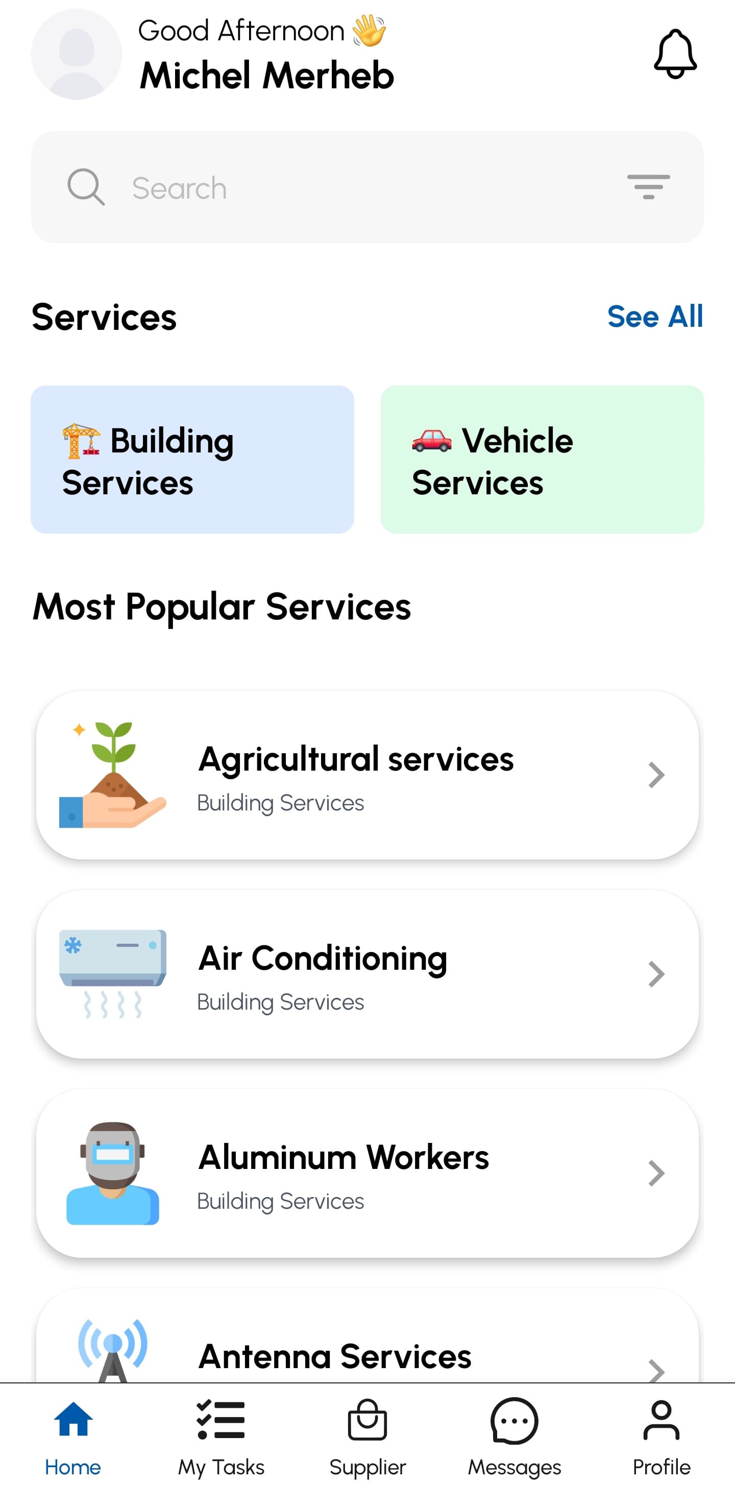 WAYZ Customer mobile app home screen with service categories and task navigation.